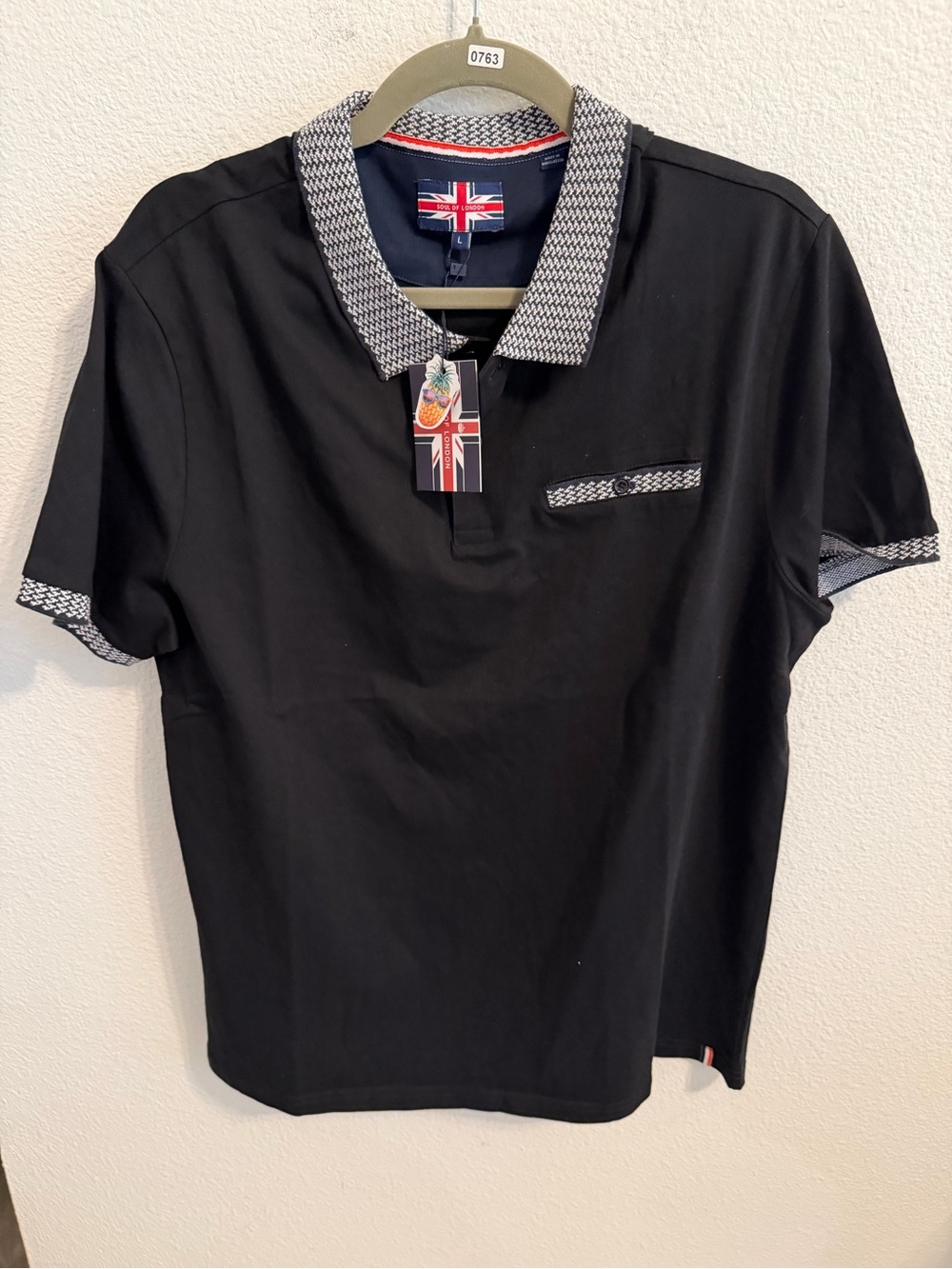 Men's Black Polo with Textured Contrast Collar - Union Jack Detail